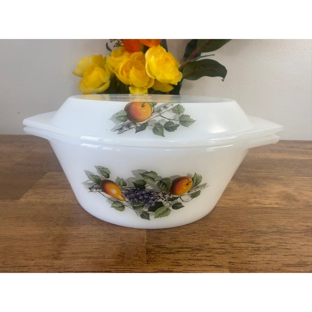 Vintage Arcopal France Fruits de France Milk Glass Casserole Dish Lid Oven Bowl
